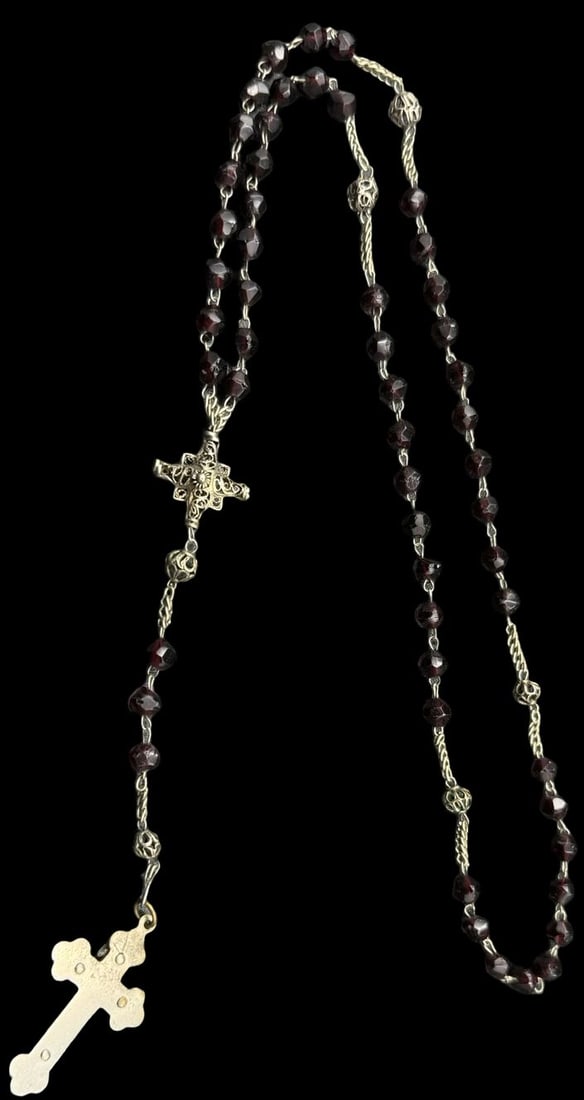 Stunning Antique European Silver-Tone Metal & Red Garnet Rosary: Very good vintage condition with minor patina according to age. Measures approx. 18" long x 1" wide and weighs ca. 36 grams.