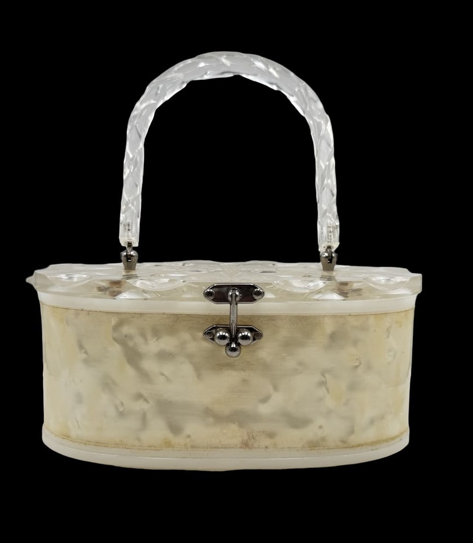 Rare Vintage ca. 1960 Lucite Purse: Very good vintage condition with wear according to use and age. Measures approx. 8" long and 4 1/2" wide and 4 1/2" high.