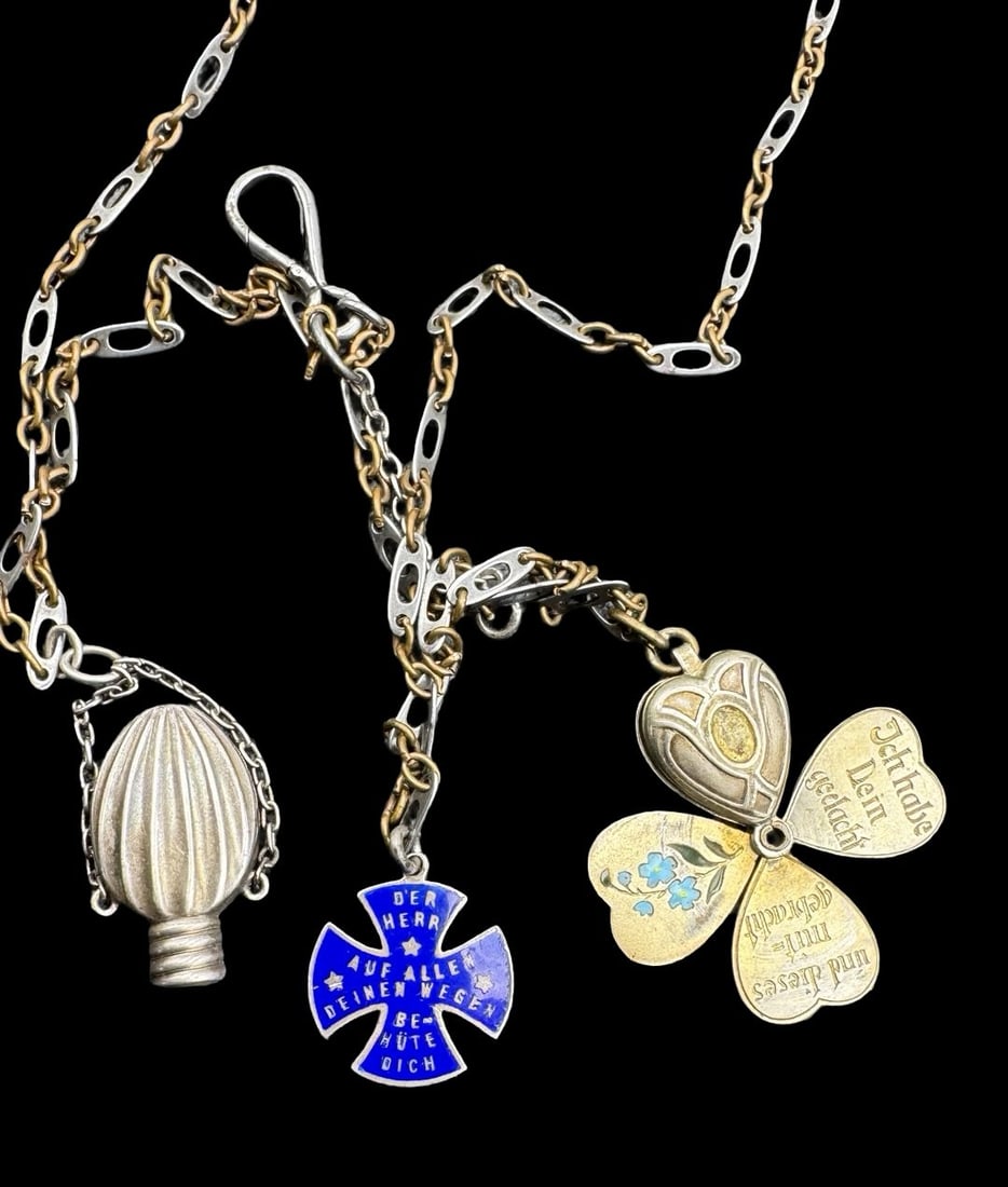 Antique Art Nouveau European Pocket Watch Chain w/ 3 Charms - Two are silver: Very good antique condition with wear and patina according to age. Measures approx. 27" long, 2" wide. Weighs approx. 29.01 grams. Two pendants tested for silver.