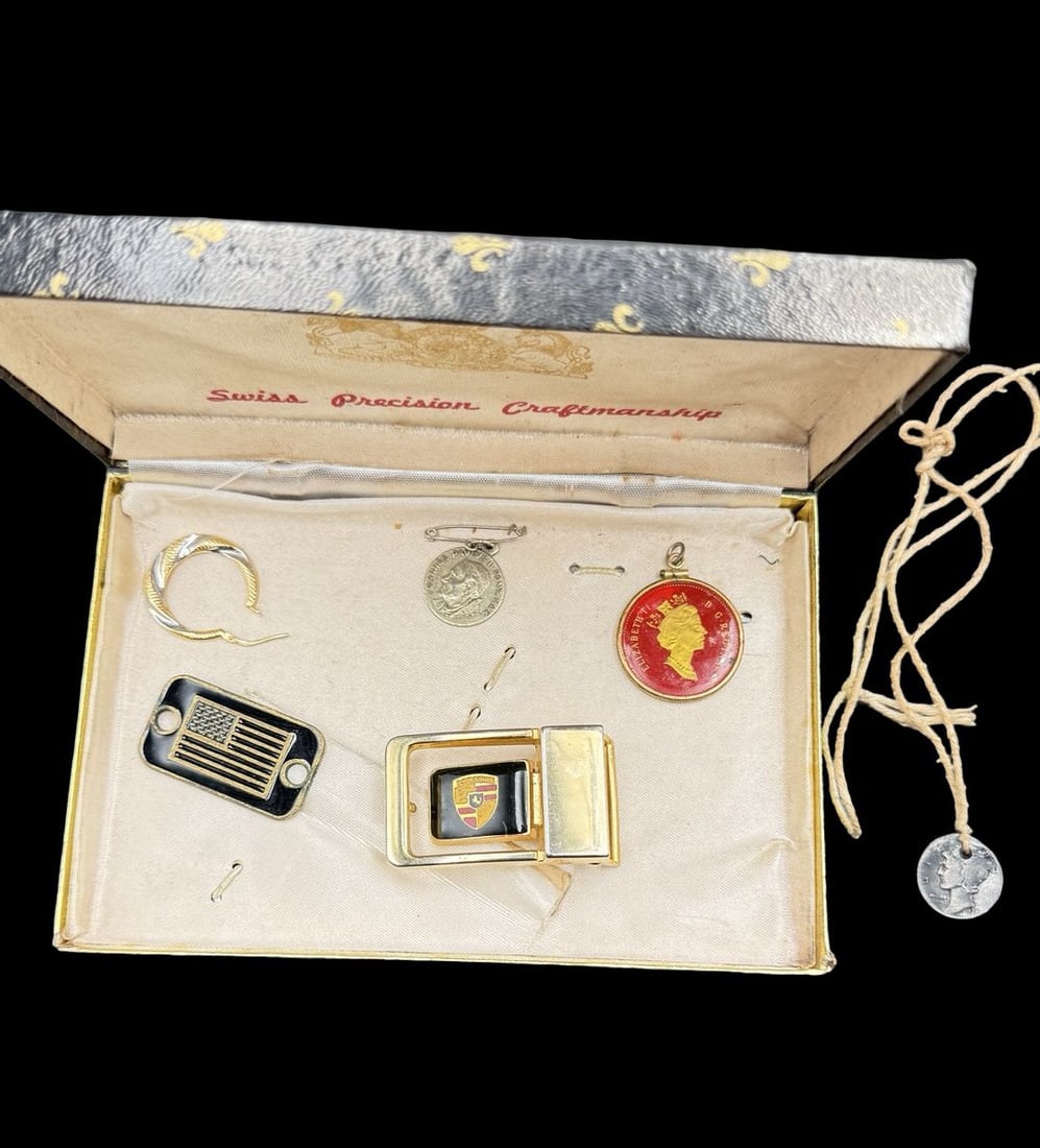 Miscellaneous Lot: Porsche Buckle, 1938 Mercury Silver Dime, etc.: Good vintage condition with wear and patina according to age. Box measures approx. 6" long and 4" wide . 6 Items.