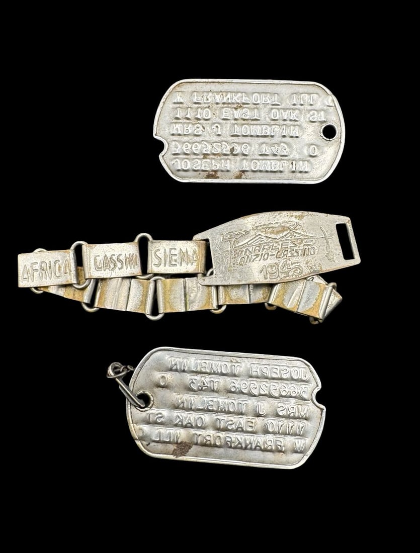 Vintage WWII ANZIO-CASSINO Italy GI Souvernir Bracelet & Dog Tags: Very good vintage condition with minor patina according to age. Weighs ca. 25.48 grams. 3 Items.