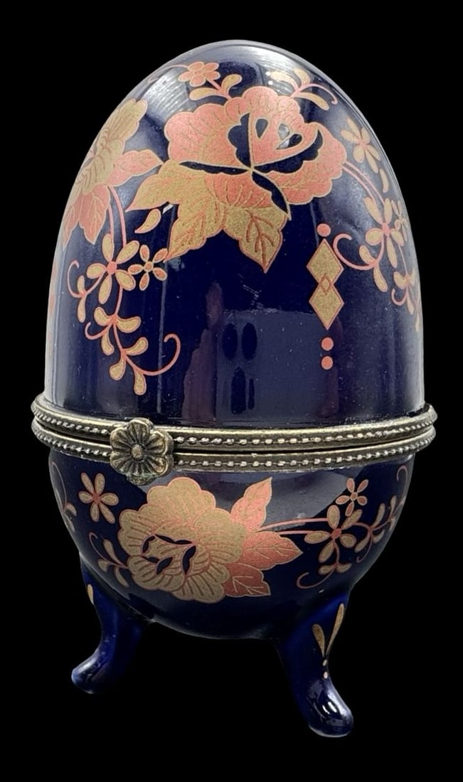 Vintage Cobalt Blue Porcelain Egg Trinket Box w/ Gold Accents: Very good vintage condition. No chips, cracks, or repairs. Measures approx. 4" high x 3 1/4" in diameter.