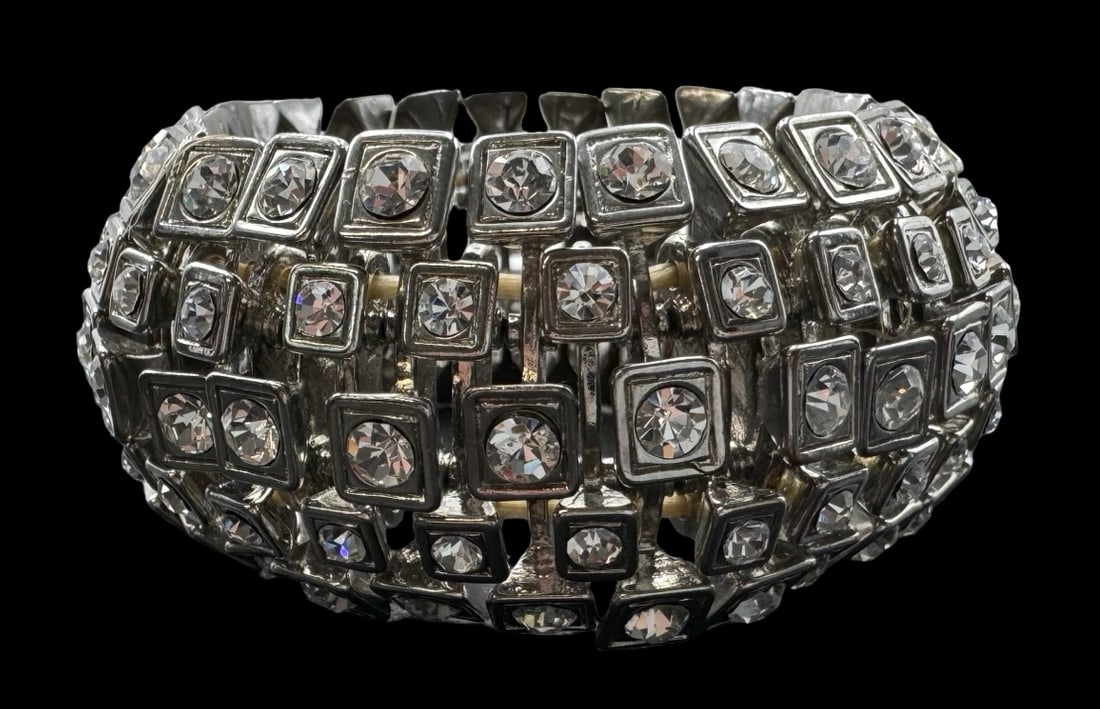 Vintage Clear Rhinestone Cluster Costume Jewelry Bracelet - Strechable: Very good vintage condition with minor patina according to age. Measures approx. 1 1/2" wide. Bracelet is Stretchable.
