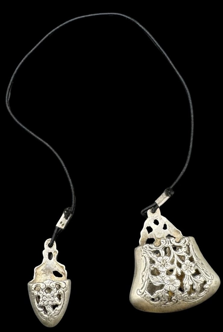 Pair of Antique European 800 Silver Pieces with Unknown Purpose: Very good antique condition with minor patina according to age. The larger piece measures approx. 1 1/2" long x 1 1/4" wide and they jointly weigh ca. 14.3 grams. The smaller one measures approx. 1 1/