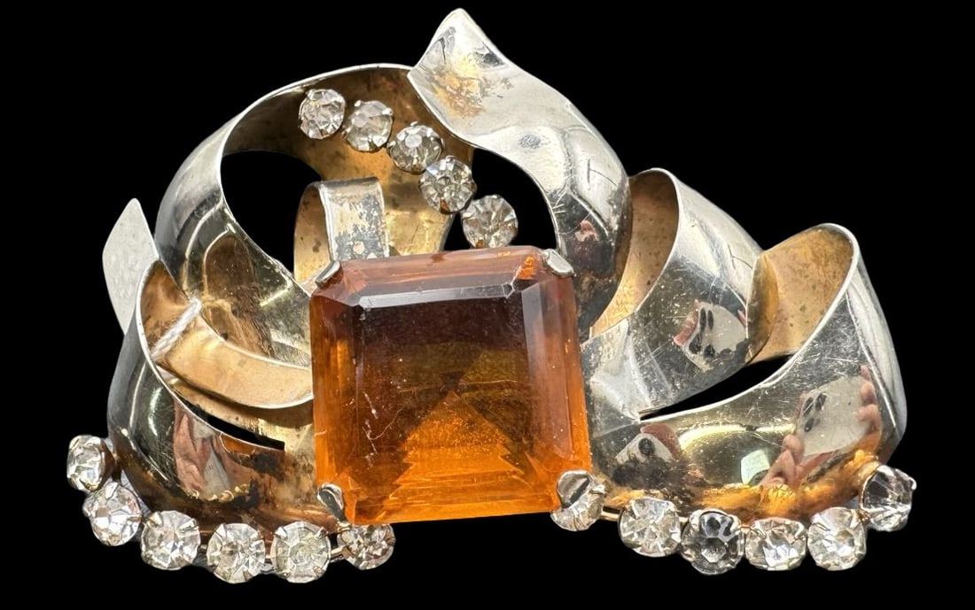 Vintage Sterling Silver, Clear & Orange Gemstone Brooch: Very good vintage condition with minor patina according to age. Measures approx. 3 1/2" long x 2 1/4" wide & weighs ca. 36 grams. Tested for Sterling Silver.