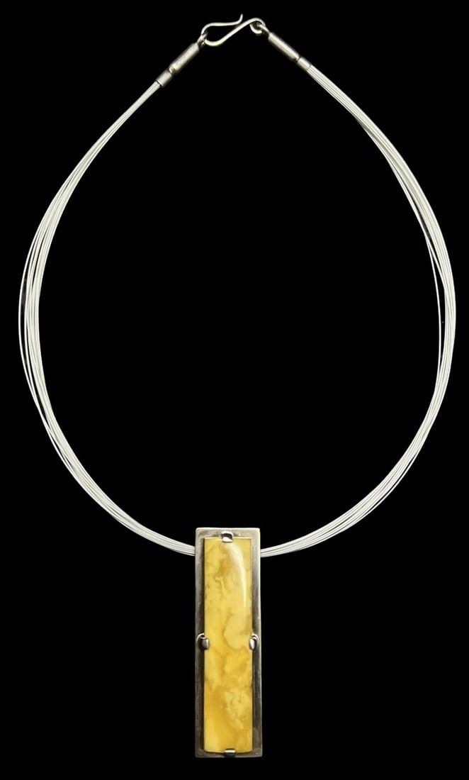 Amazing Vintage Mid-Century Modern European Sterling Silver & Amber Multi-Strand Designer Pendant: Very good vintage condition with minor patina according to age. Pendant measures approx. 2 3/8" long x 5/8" wide and total weight is ca. 21.1 grams. The necklace is approx. 16 1/2" long. Marked for St
