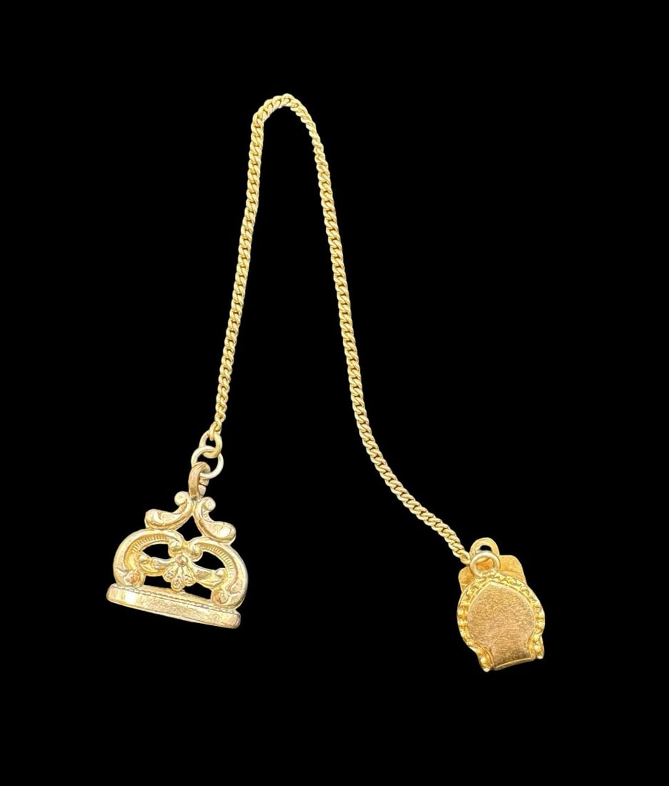 Unusual Antique Gold Plated Stamp Seal Pocket Watch Fob: Very good antique condition with minor patina according to age. Pendant measures approx. 3/4" long and 1/2" wide and total weight is ca. 6.2 grams. Chain is 6" long and approx. 1/2" wide.