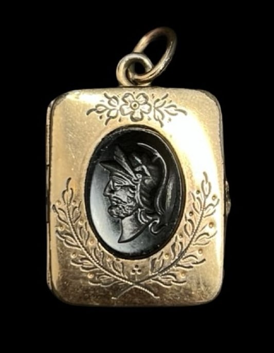 Beautiful Ornate Antique Gold Filled Black Gemstone Intaglio Picture Locket Pendant: Very good antique condition with minor patina according to age. Measures approx. 1/8" long x 3/4" wide and weighs ca. 6.2 grams.