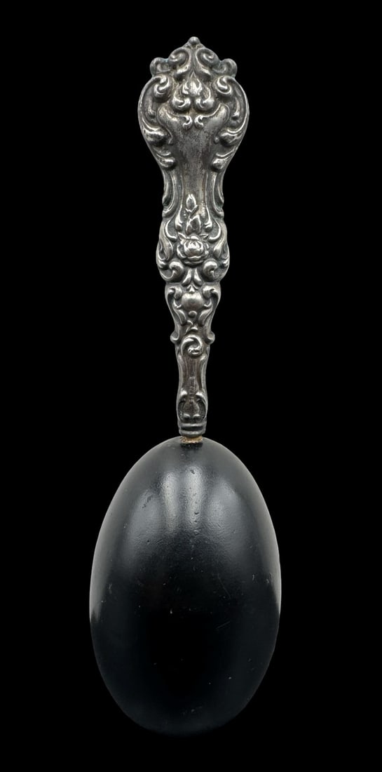 Gorgeous Ornate Antique Victorian Sterling Silver Sock Darning Egg: Very good antique condition with minor patina according to age. Measures approx. 2" long and 2" wide and weighs ca. 68 grams. Marked for Sterling Silver.