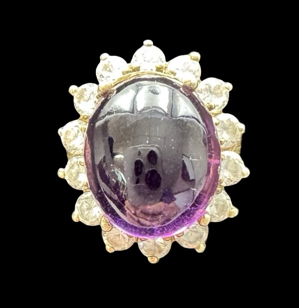 Massive Vintage Sterling Silver, Amethyst & Clear Gemstone Cocktail Ring: Very good vintage condition with minor patina according to age. Measures approx. 3/4" long x 5/8" wide and weighs ca. 8.1 grams. The ring is a size 5. Marked for Sterling Silver.