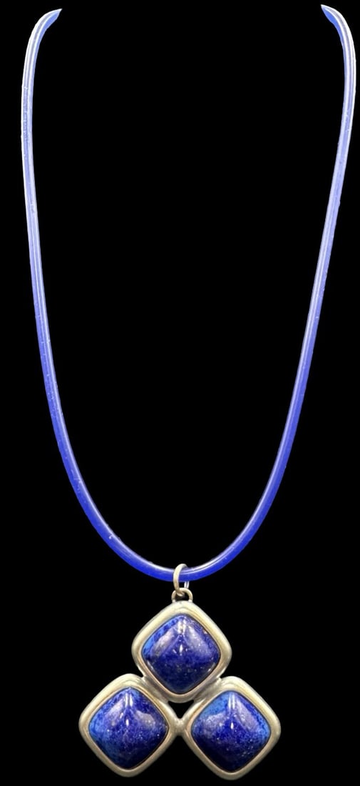 Gorgeous Vintage JORGEN JENSEN Denmark Pewter & Blue Gemstone Pendant Necklace: Very good vintage condition with minor patina according to age. Pendant measures approx. 2" long x 2" wide and weighs ca. 30.4 grams. Necklace is ca. 17" long. Marked for JORGEN JENSEN PEWTER Denmark.