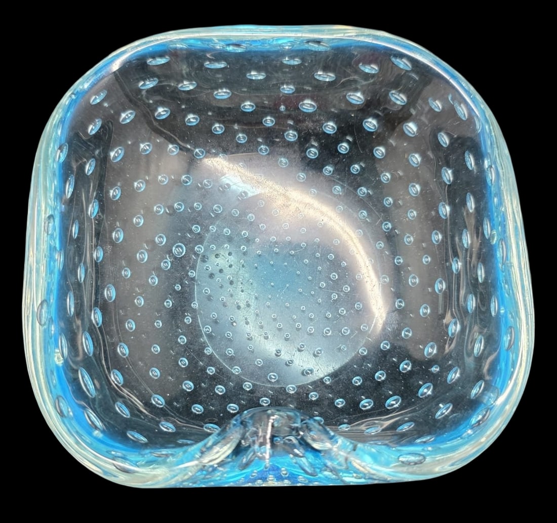 Beautiful Vintage Mouthblown Blue Bubble Art Glass Bowl / Ashtray: Very good vintage condition with minor wear according to age. no chips, cracks, or repairs. Measures approx. 4 1/2" long x 4 1/2" wide x 1 1/2" high.