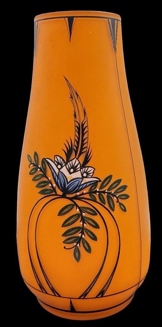 Antique Art Nouveau Orange Art Glass Vase w/ Hand Painted Enamel Design: Very good Antique condition. no chips, cracks, or repairs. Measures approx. 7 1/2" high x 4" wide.