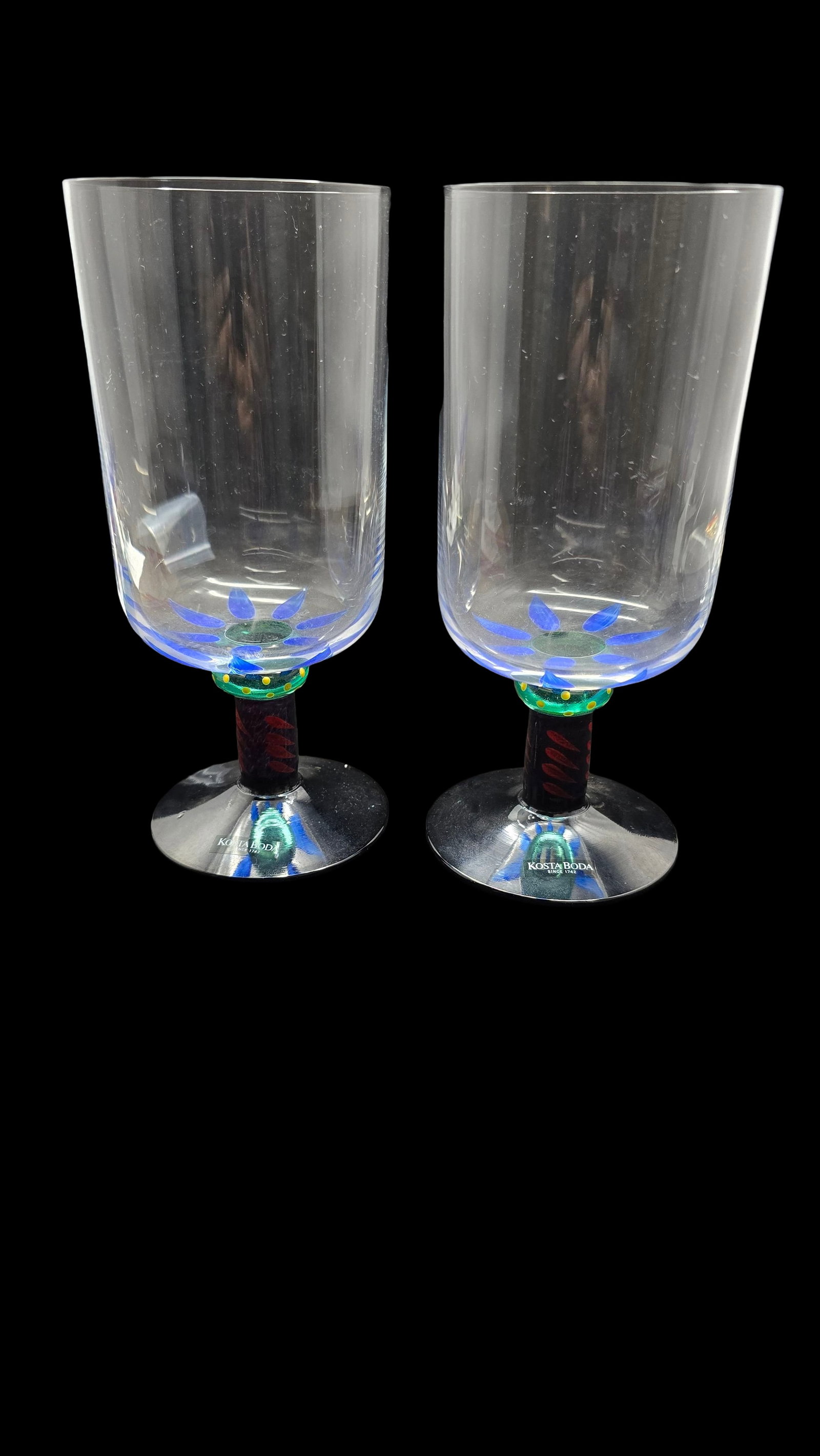 Pair of Rare Handpainted Vintage KOSTA BODA Ken Done Palm Trees Beer Glasses: Very good vintage condition. No chips, cracks, or repairs. Measures approx. 7" high.
