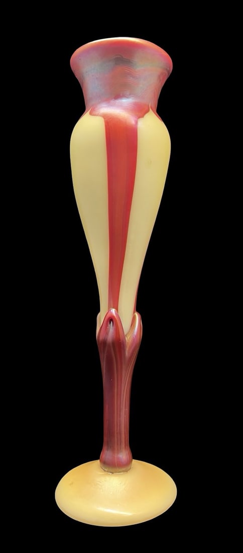 Rare Vintage CHRIS FUNK Red & Yellow Art Nouveau Style Art Glass Vase: Very good vintage condition; no chips, cracks or repairs. Measures approx. 3 1/8" long and 3 1/8" wide and 11" high. Signed by Designer C. FUNK.