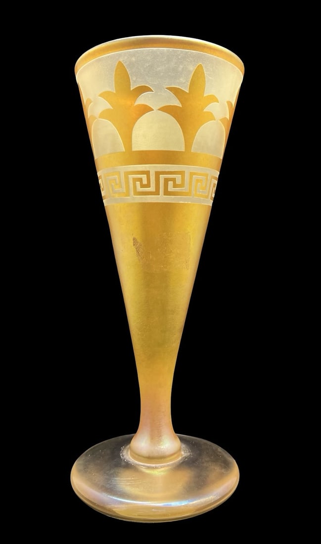 Rare Vintage STEVEN CORREIA Gold Iridescent Greek Key & Fleur-de-Lis Cameo Art Glass Vase: Very good vintage condition; no chips, cracks or repairs. Measures approx. 4" long and 4" wide and 10" high. Signed by Steven Correia.