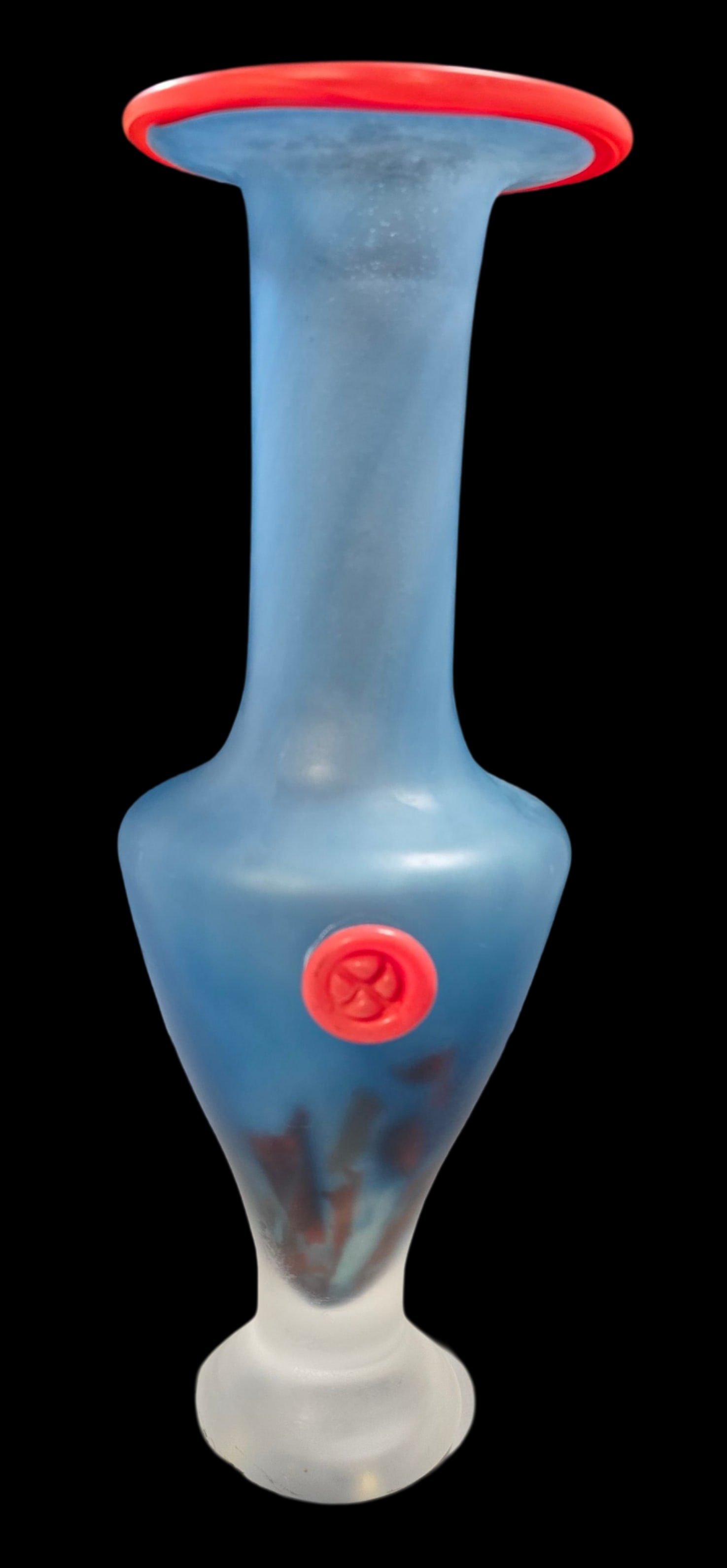 Vintage Monica Backstr?m for KOSTA BODA Frosted Blue Art Glass Vase: Scandinavian Modern Kosta Boda blown frosted glass vase designed by Monica Backstr?m for the Wedding Pandora Series. This gorgeous blue frosted art glass vase features bronze rose accents with a wide 