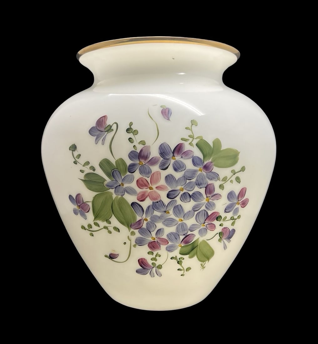 Large Vintage Handpainted CONSOLIDATED PHOENIX GLASS Art Glass Vase: Very good vintage condition; no chips, cracks or repairs. Measures approx. 12" long and 12" wide and 12 1/4" high.