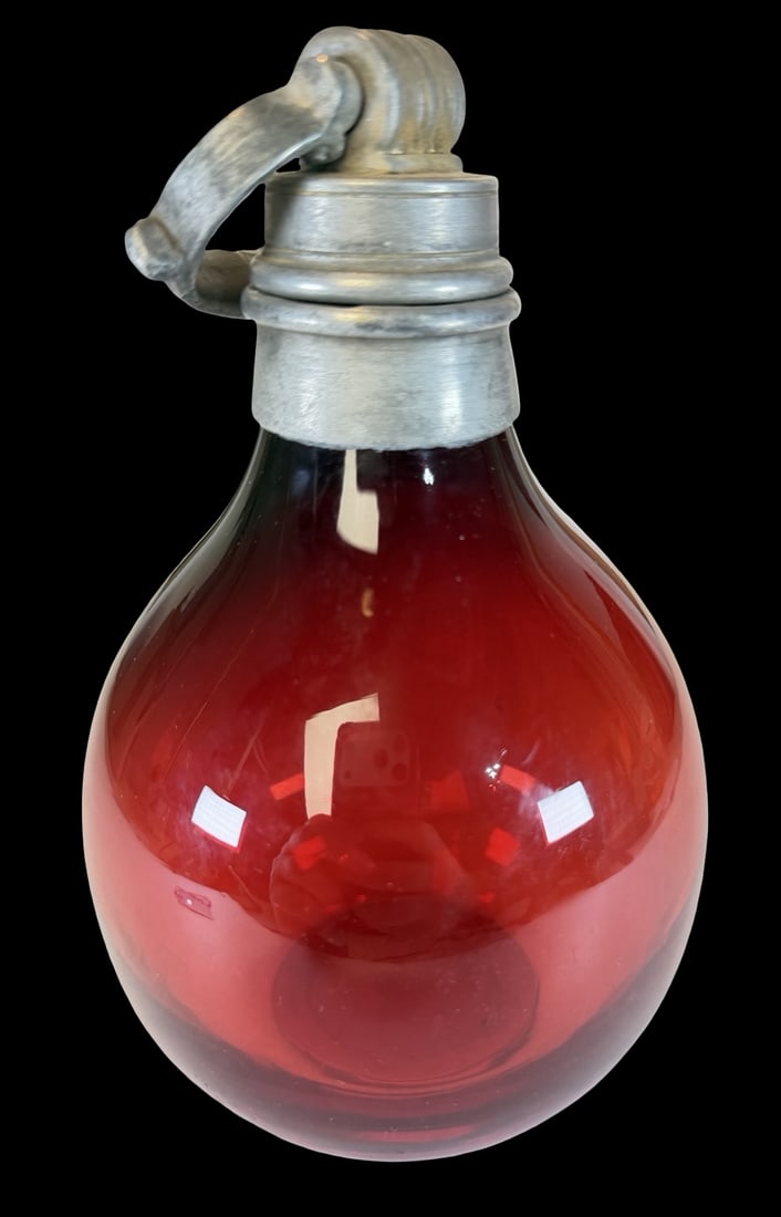 Rare Antique 19th Century European Red Art Glass Bottle with Pewter Top: Very good vintage condition with minor patina according to age. Measures approx. 4" long, 4" wide, and 8" high.