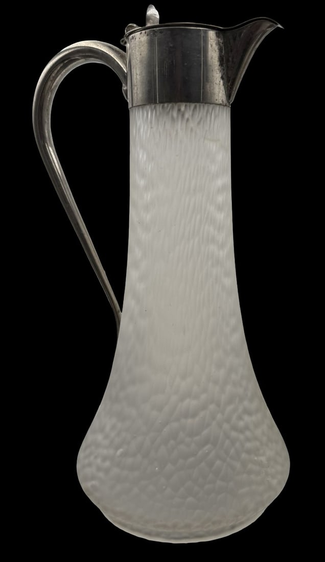 Stylish Vintage Mouth Blown Frosted & Textured Art Glass Carafe w/ Silverplate Fixtures: Very good vintage condition. No chips, cracks, or repairs. Measures approx. 11" high x 5" wide.