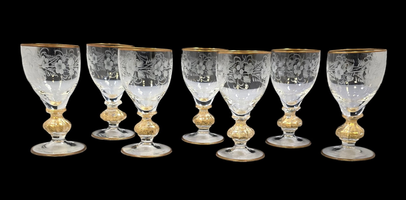 Amazing Set of 7 Antique Hand Cut Crystal & Gold Flake Glasses: Very good vintage condition; no chips, cracks, or repairs. Each measures approx. 4" high x 2" in diameter.