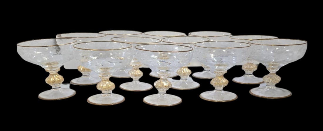 Set of 12 Antique Hand Cut Crystal & Gold Flake Glasses: Very good vintage condition; no chips, cracks, or repairs. Each measures approx. 5" high x 5" in diameter.