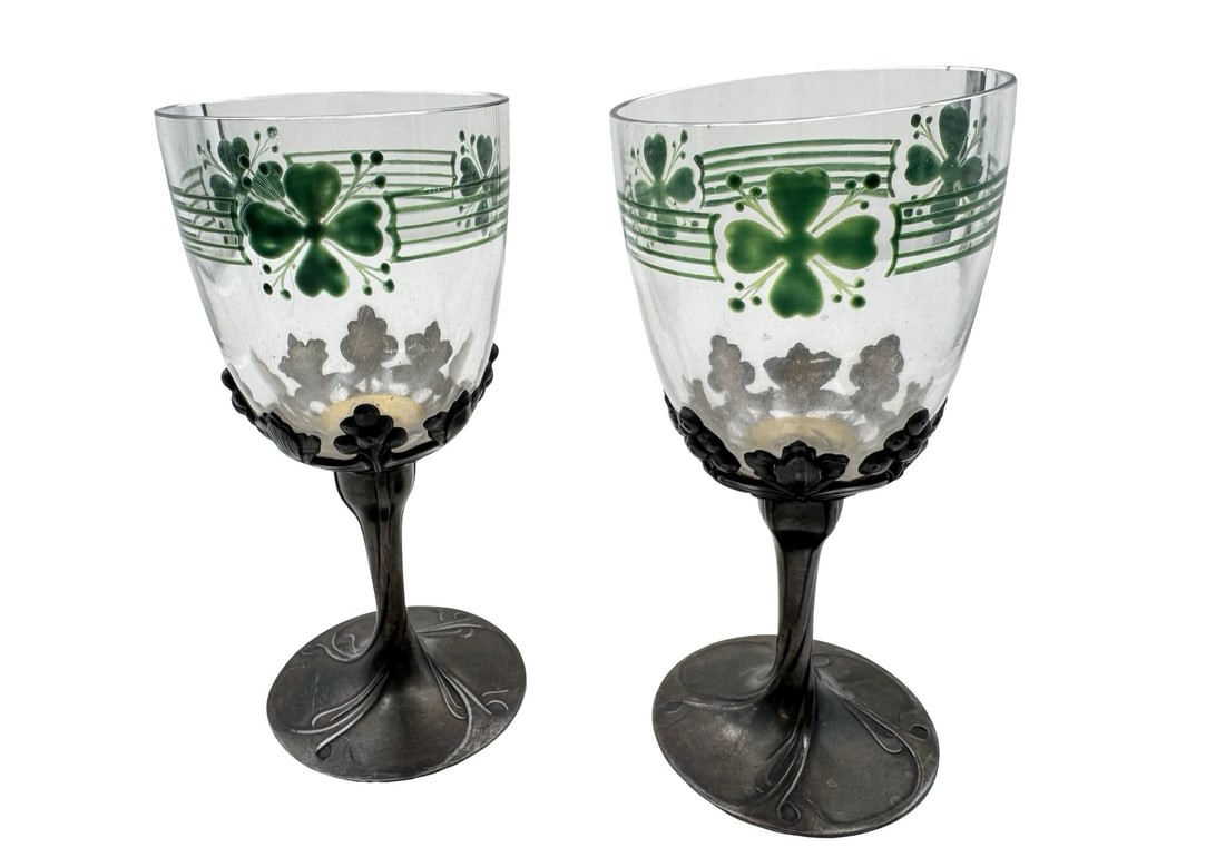 Antique Set of 2 European Hand Painted Enamel Pewter & Crystal Wine Goblets: Very good antique condition. no chips, cracks, or repairs. Each measures approx. 5 1/8" high x 2 3/8" in diameter.