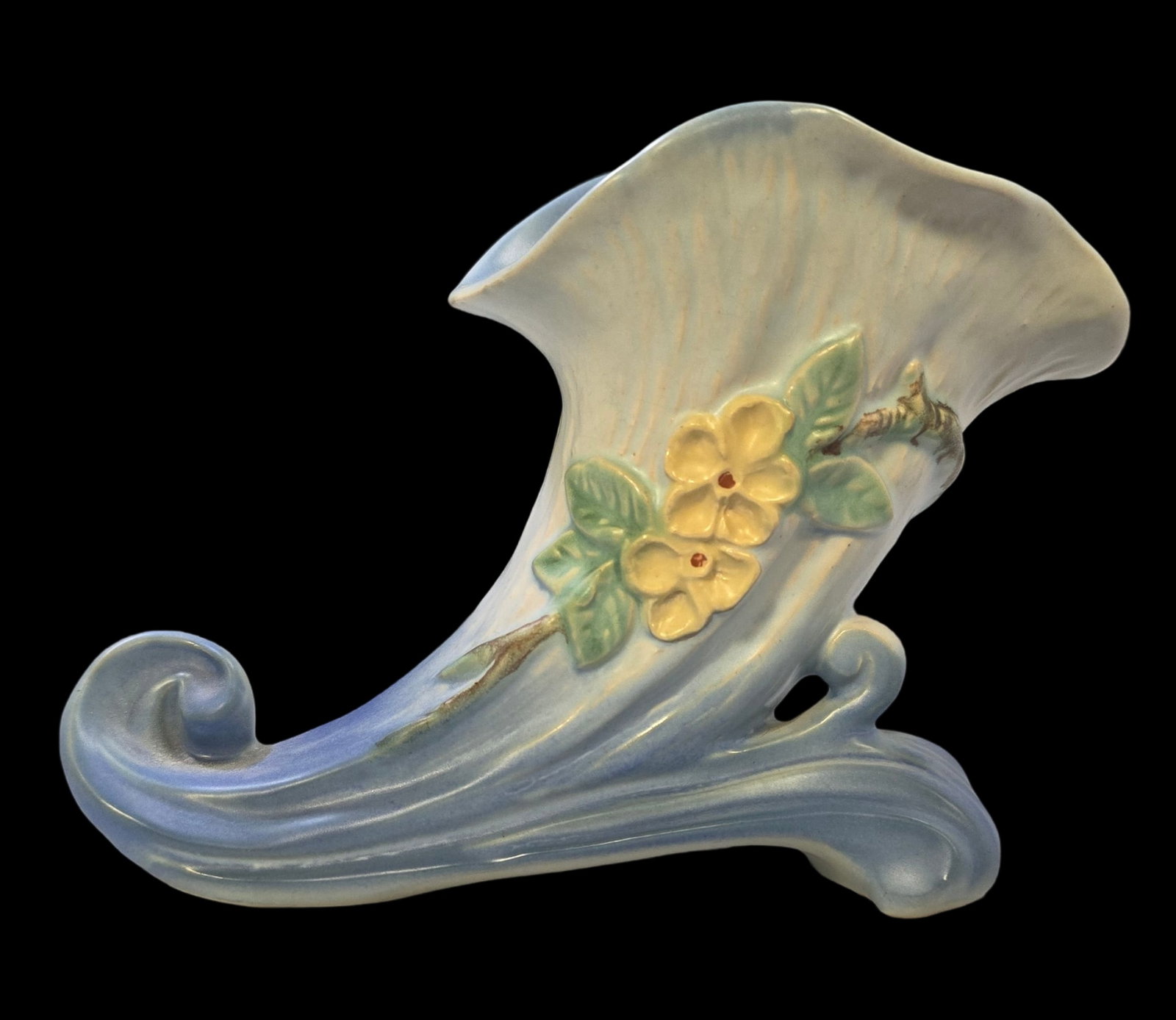 Exquisite Vintage WELLER Art Pottery Roba Green Ceramic Cornucopia Vase: Very good vintage condition with minor wear according to age, please see pictures. No cracks or repairs. Measures approx. 5" high x 8" wide. Marked.