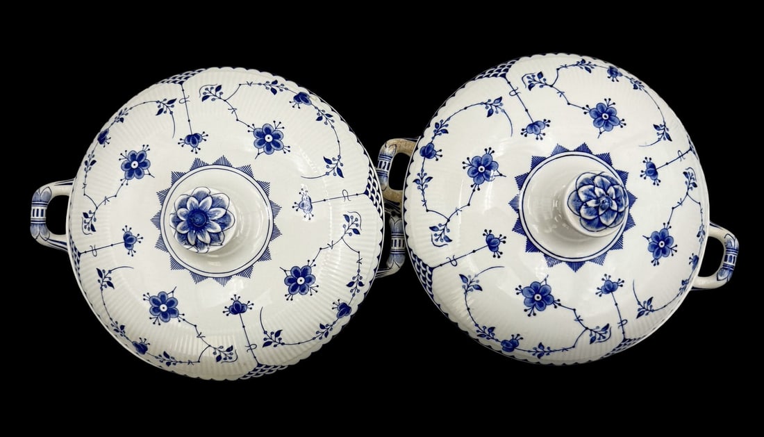 Pair of Vintage FURNIVALS LIMITED DENMARK England Blue & White Transferware Lidded Vegetable Tureens: Very good vintage condition; no chips, cracks, or repairs. Measures approx. 8.5" long, 8.5" wide, 6.5" high. Crafted from Ceramic.