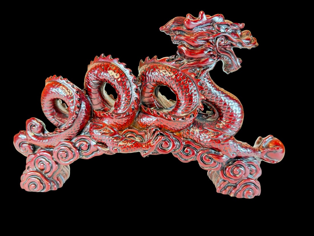 Vintage Chinese Red Lacquer Dragon Sculpture: Very good vintage condition with minor patina according to age. Measures approx. 11" long, 2.5" wide, and 7" high.