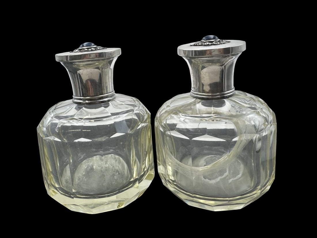 Vintage Pair of Perfume Bottles w/ 800 Silver Lids & Blue Gemstones: Very good vintage condition; no chips, cracks, or repairs. Each measures approx. 5" high x 3 1/2" wide. One bottle has a crack. Marked for 800 (80%) silver.