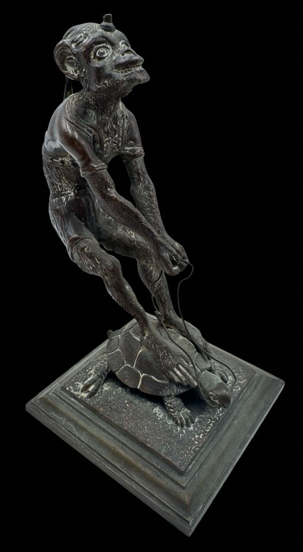 Antique 19th Century C. CARNABI Bronze Figurine of a Monkey Riding a Turtle: Very good antique condition with minor patina according to age. Measures approx. 7" high and 3 1/2" wide and 5" deep.