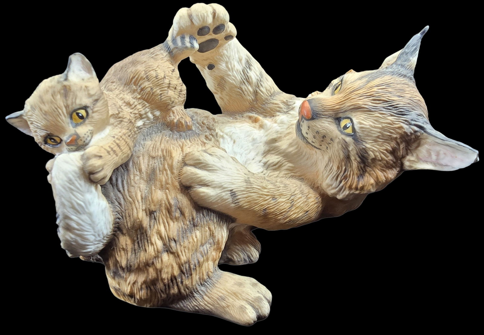 Vintage Ceramic Figurine - Cat and Kitten Playful Morning: Very good vintage condition with minor patina according to age; no chips, cracks, or repairs. Measures approx. 6" wide and 3" high