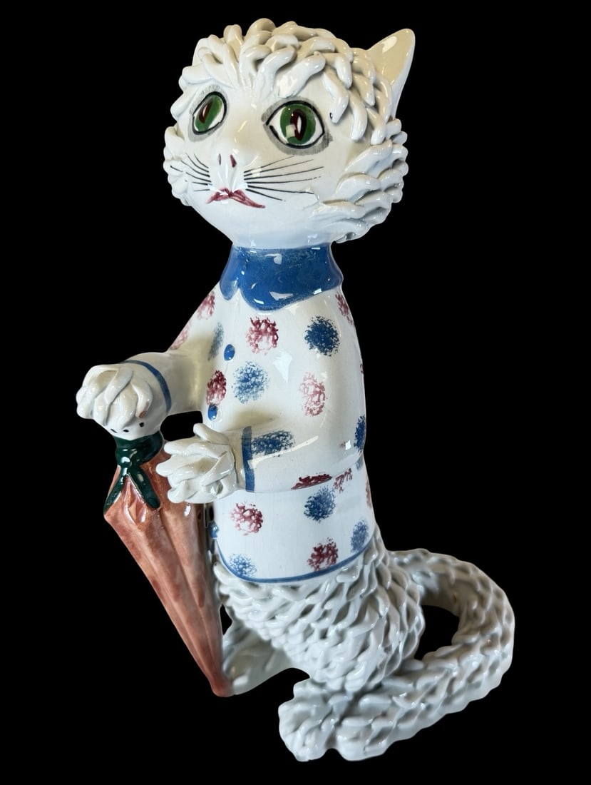 Very Unusual Vintage Handmade Italian Ceramic Cat Figurine: Very good vintage condition with minor patina according to age; no chips, cracks, or repairs. Measures approx. 7" long x 4" wide x 11" high. Signed.