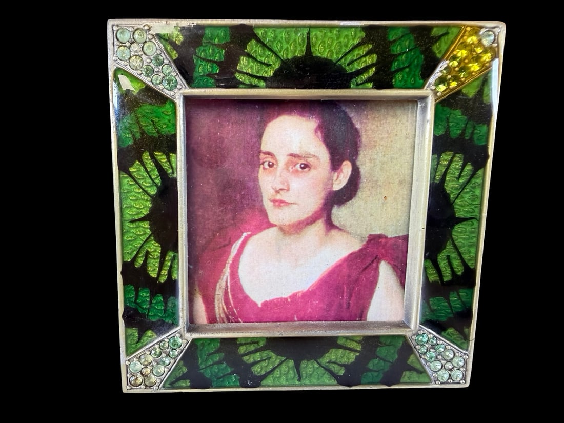 Beautiful Vintage JAY STRONGWATER Green Enamel Picture Frame w/ Clear Corner Stones: Very good vintage condition with minor patina according to age. Measures approx. 3" long x 1/2" wide x 3" high. Marked.