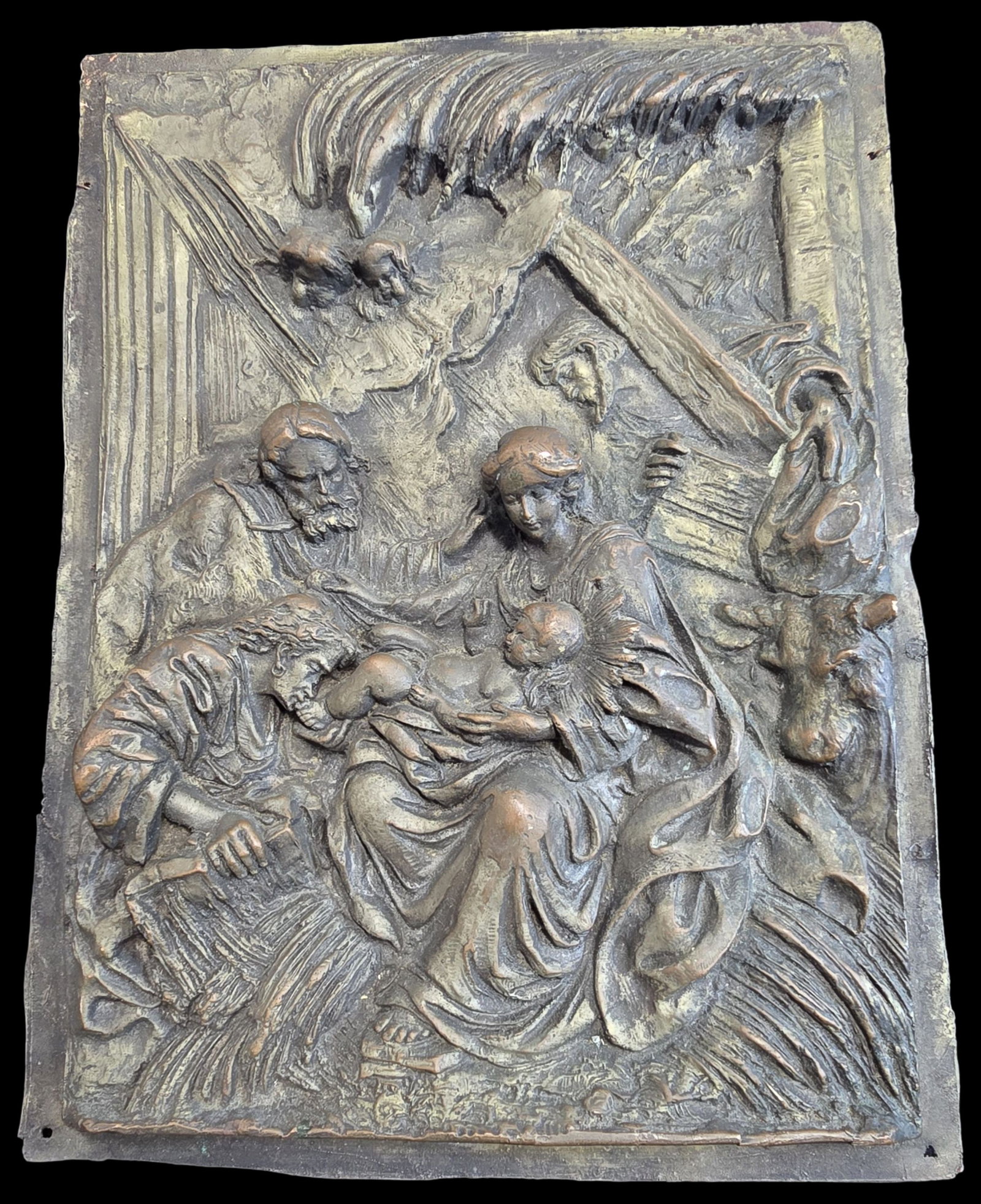 Antique Cast Metal Wall Plaque depicting the Holy Family: Very good antique condition with wear according to age, please see pictures. Measures approx. 8" high x 6 1/2" wide.