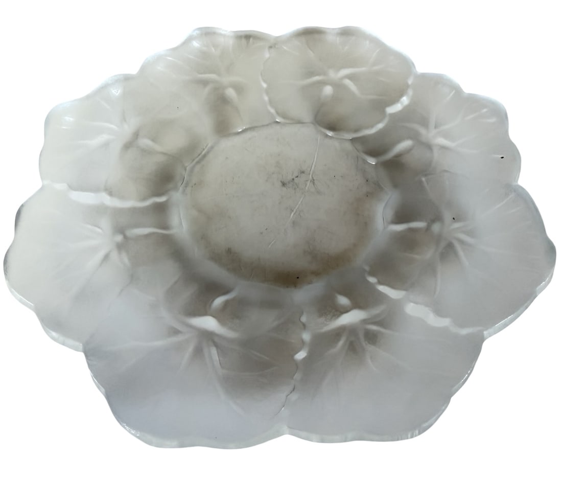Vintage LALIQUE France Honfleur Crystal Dish: Very good vintage condition with minor patina according to age; no chips, cracks, or repairs. Measures approx. 5" long x 5" wide x 1" high. Marked.