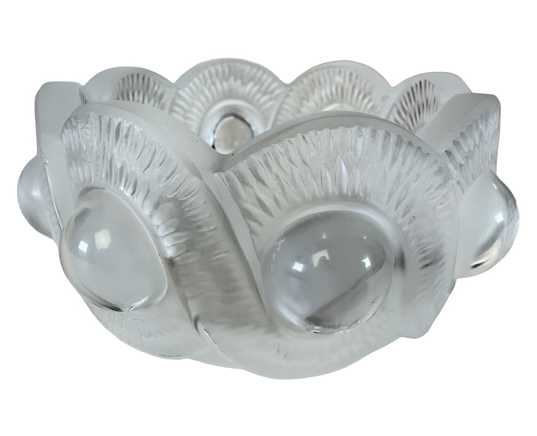Vintage LALIQUE France Crystal Bowl: Very good vintage condition with minor patina according to age; no chips, cracks, or repairs. Measures approx. 4" long x 4" wide x 2" high. Marked.