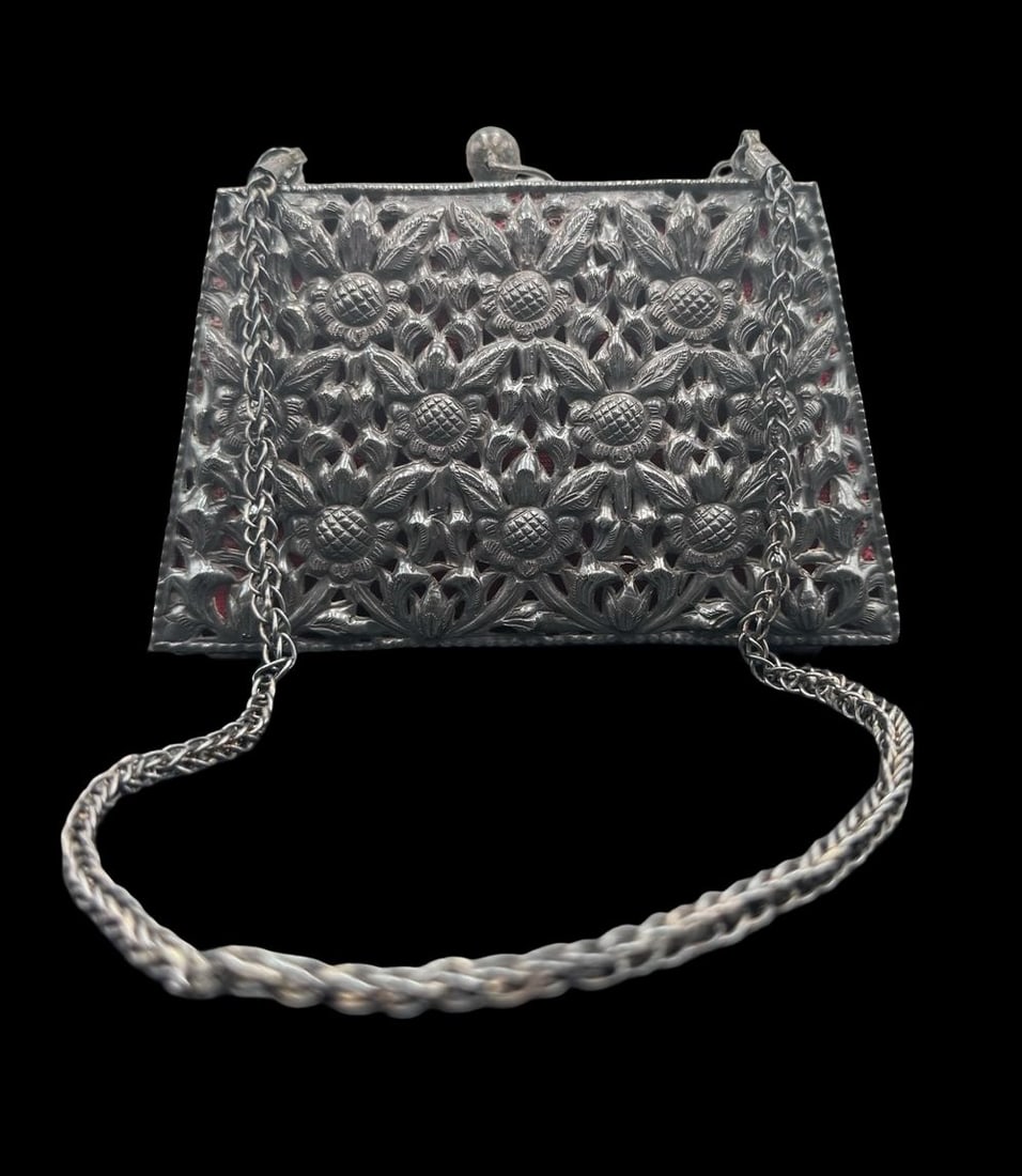 Handcrafted Sterling Silver Evening Clutch w/ Intricate Openwork Floral Pattern & Vibrant Red Fabric: Very good vintage condition with wear and patina according to age and use. Measures approx. 5.25" long, 2.25" wide, 4" high. Tested for Sterling Silver.