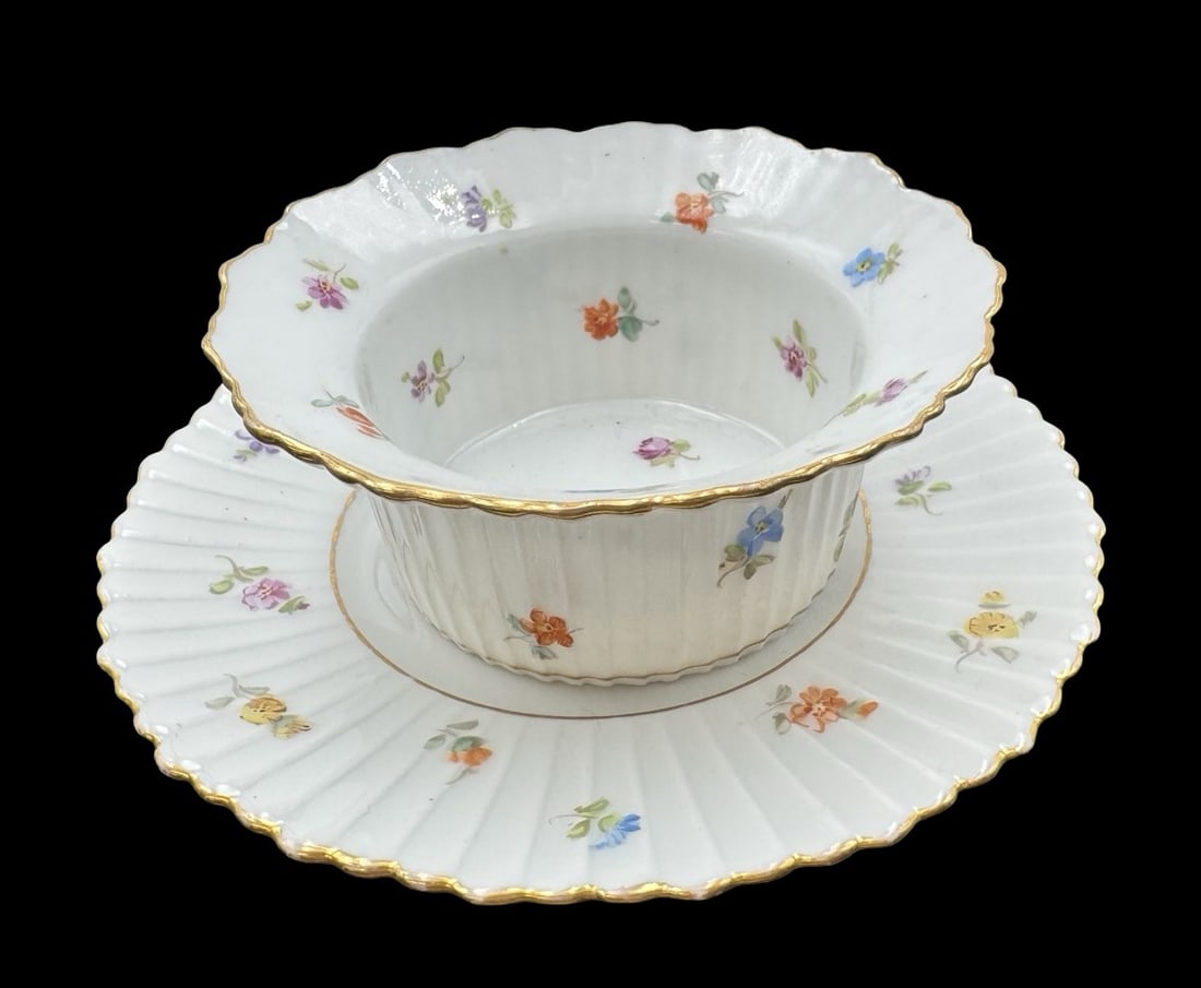 Vintage RK Dresden Porcelain Hand Painted Flower Motive Bowl w/ Saucer: Very good vintage condition. no chips, cracks or repairs. Saucer measures approx. 4 7/8" in diameter. Bowl measures approx. 3 1/2" in diameter x 1 3/4" high. Signed for RK Dresden. Made in Germany.
