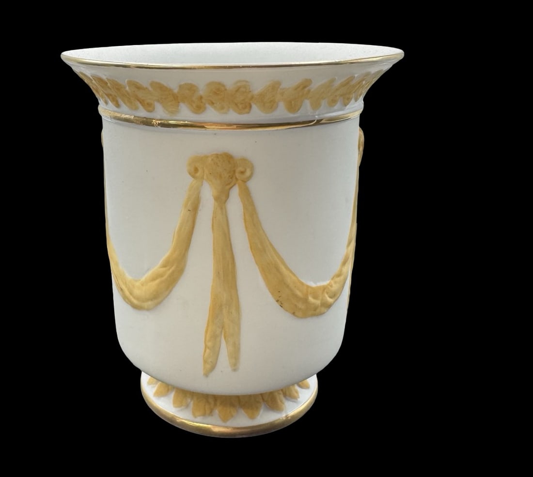 Unusual Antique White & Yellow Biscuit Porcelain Vessel: Very good antique condition. No chips, cracks or repairs. Measures approx. 4 1/2" high x 3 7/8" wide.