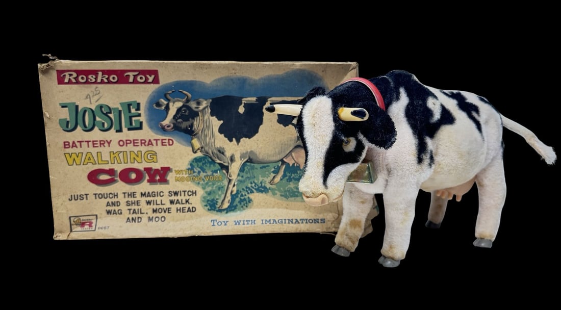 Vintage ca. 1960s ROSKO Josie The Walking Cow Battery Operated Toy: Good vintage condition with wear and patina according to use and age, please see pictures. Measures approx. 14" long and 4" wide and 8 1/2" high. Made in Japan.