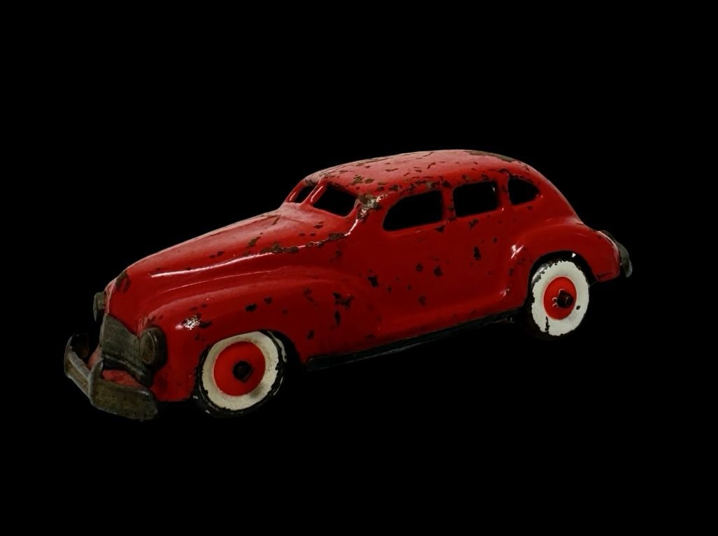 Vintage ca. 1950 Occupied Japan LUCKY-CAR Red Car Tin Toy: Good vintage condition with wear and patina according to use and age, please see pictures. Measures approx. 4 1/2" long and 2" wide and 1/5" high.