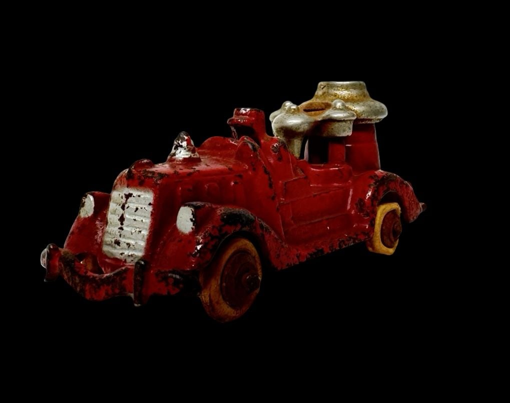 Antique Ca. 1930s HUBLEY Cast Iron Open Cab Fire Truck Toy: Good vintage condition with wear and patina according to use and age, please see pictures. Measures approx. 4 1/2" long and 2" wide and 2" high.