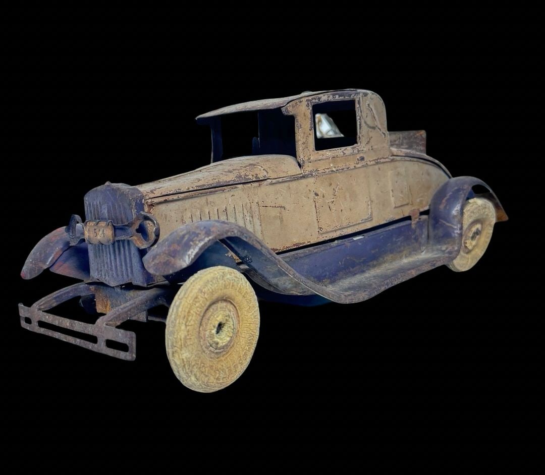 Vintage KINGSBURY Pressed Steel Coupe Car Toy: Good vintage condition with wear and patina according to use and age, please see pictures. Measures approx. 9" long and 4 1/2" wide and 7" high.