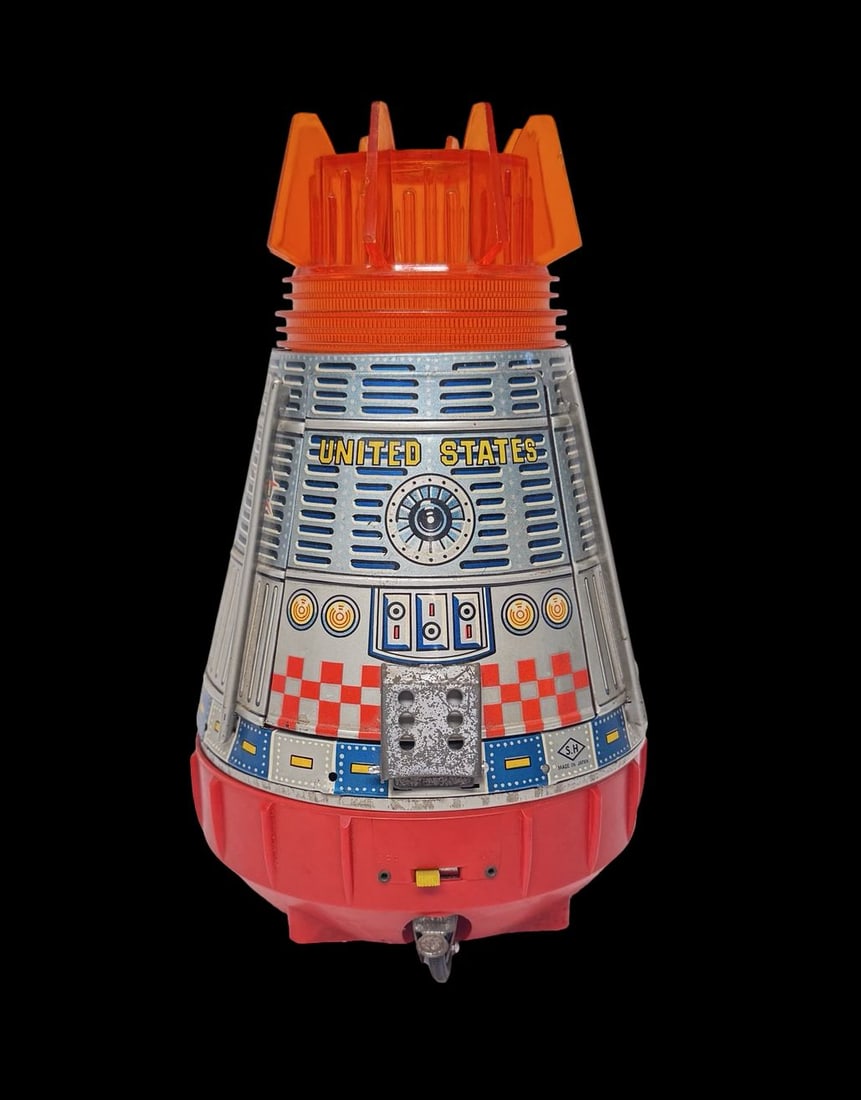 Vintage Ca. 1960s S.H. HORIKAWA Japan NASA Space Capsule Toy: Good vintage condition with wear and patina according to use and age, please see pictures. Measures approx. 5 1/2" long and 5 1/2" wide and 9 1/2" high. Made in Japan