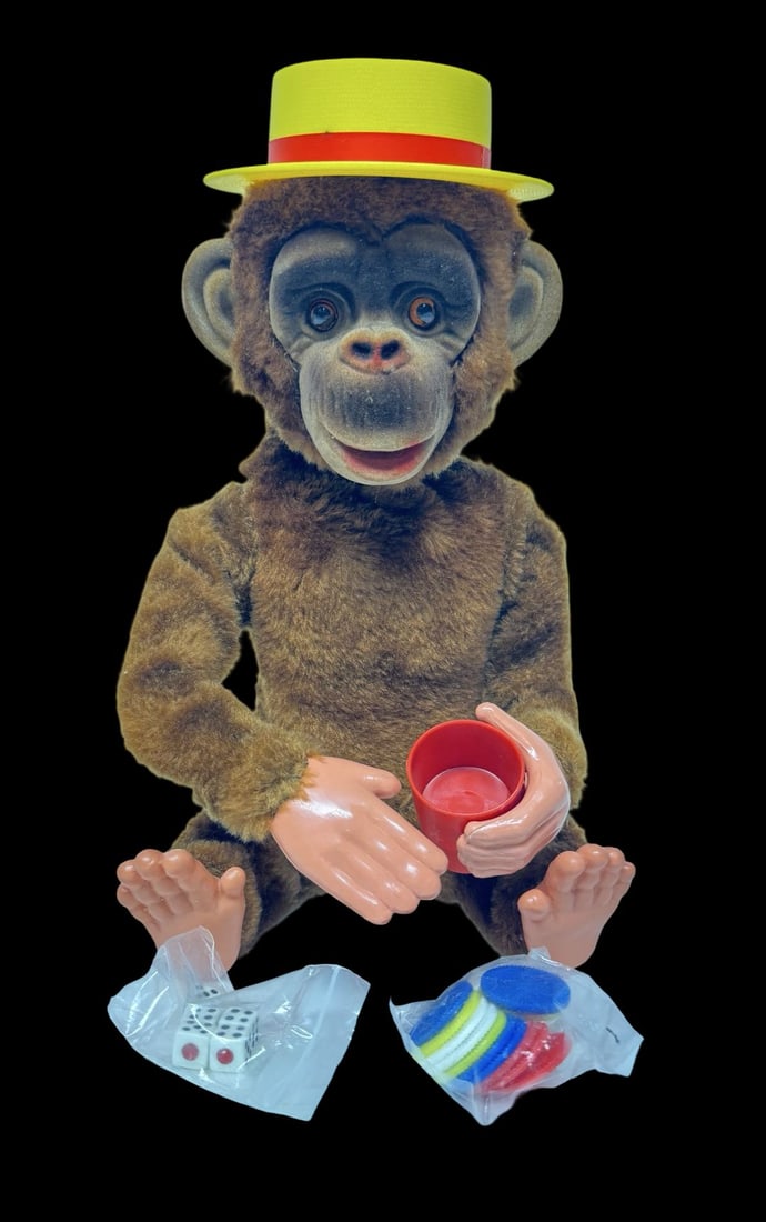 Vintage ca. 1960s ALPS Lucky Seven Dice Throwing Monkey Mechanical Toy: Good vintage condition with wear and patina according to use and age, please see pictures. Measures approx.7" long and 7" wide and 12 1/2" high. Made in Japan.