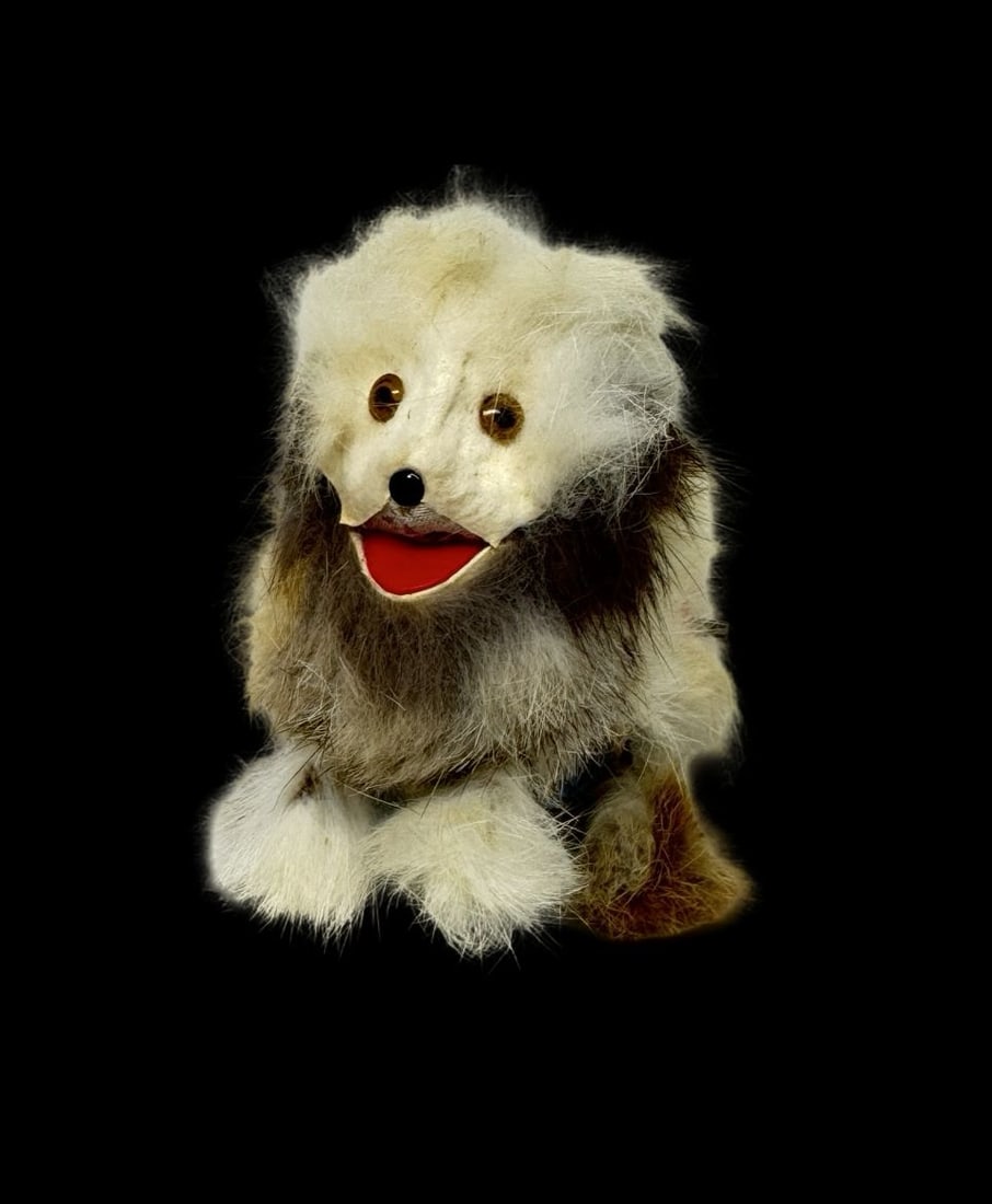 Vintage Tin Wind-Up Begging Poodle Dog Toy: Good vintage condition with wear and patina according to use and age, please see pictures. Measures approx. 10 " long and 6" wide and 6" high.
