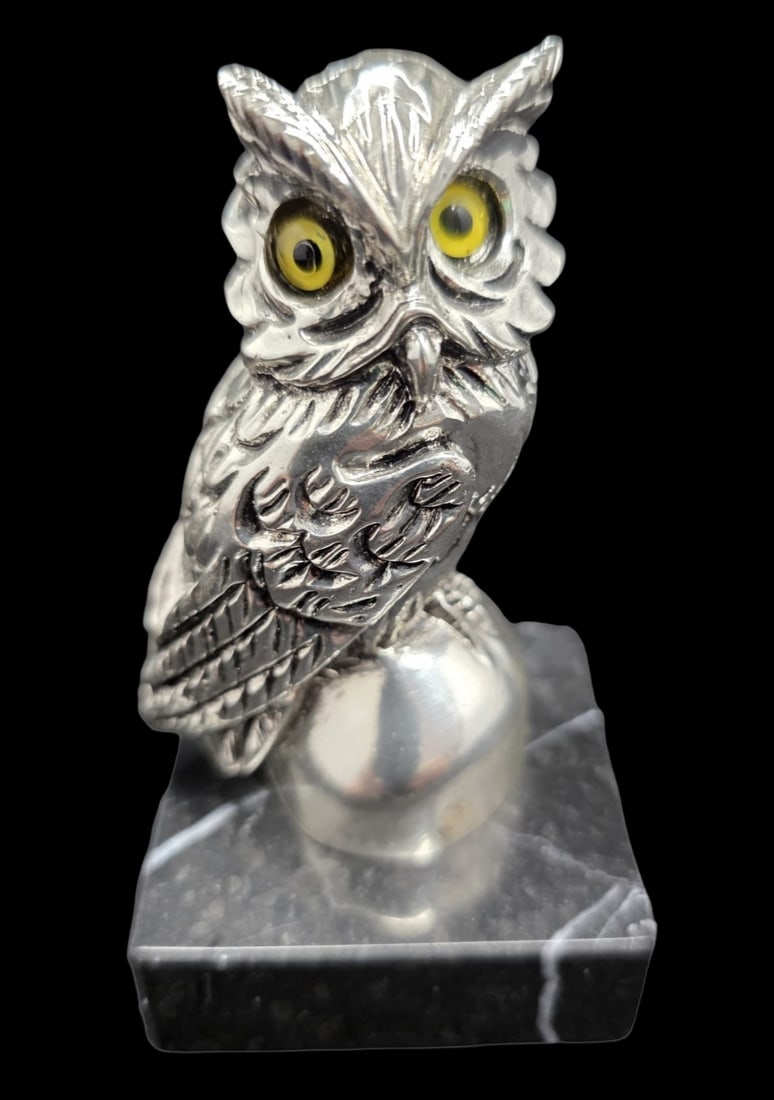 Whimsical Vintage Cast Metal Owl Sculpture w/ Glass Eyes: Very good vintage condition with minor wear according to age, please see pictures. Measures approx. 4 1/8" high x 2 1/4" long x 2 1/4" deep (base).