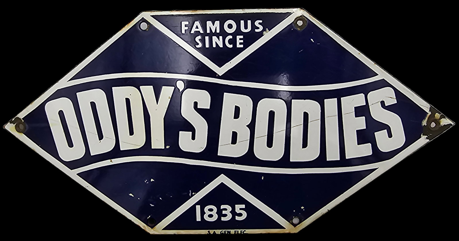 Vintage ODDY'S BODIES Blue & White Enamel on Steel Advertising Sign: Very good vintage condition with some corrosion, wear and patina according to age. Measures approx. 15 3/4" long x 8" wide.